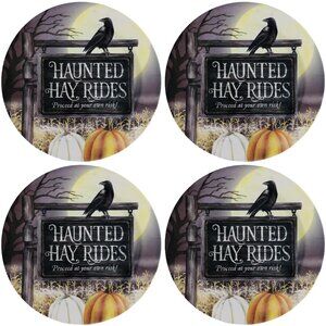 Halloween Melamine Dinner Plates 11" Set of 4 Haunted Hay Rides New